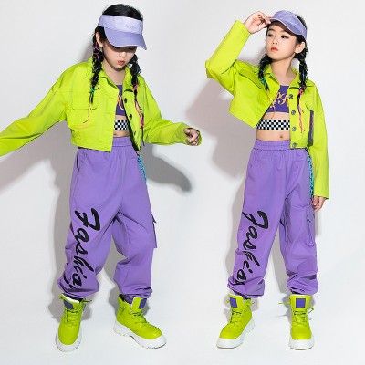 Children girls Neon green with purple hip-hop street jazz dance costumes girls rapper singers gogo dancers fluorescent green jacket hiphop trendy outfits