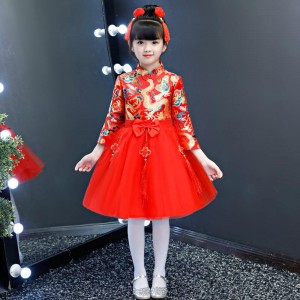 Children Girls New year celebration Chinese dragon pattern Red brocade stage Performance dress Chinese style  fairy princess folk dance dress Tang Suit