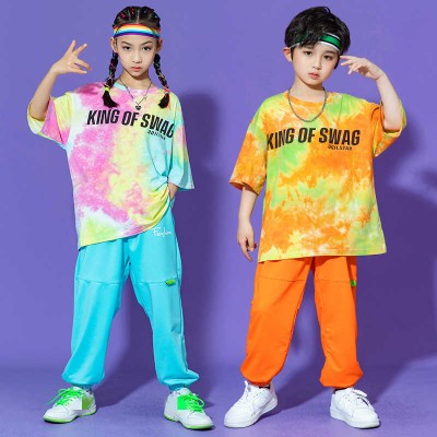 Children girls orange blue colorful printed hiiphop rapper jazz dance costumes boy hip-hop hiphop popular jzz dance outfits for kids baby