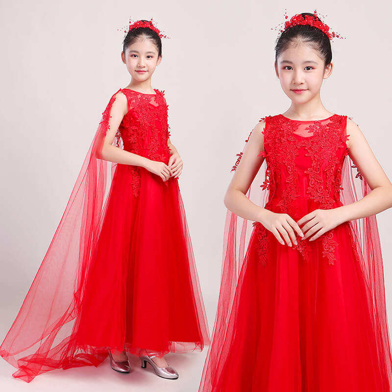 Children girls pink blue red lace host singers model show trailing dress Guzheng Piano Performance Fairy dress for girls Chinese folk music pipa dress