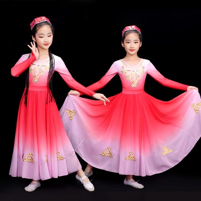 Children Girls Pink gradient colored Chinese Xinjiang dance dress  Ethnic minority practice Uyghur dance clothes for kids