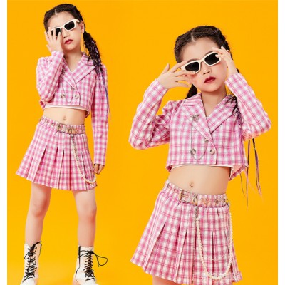 Children girls pink plaid jazz street rapper dance costumes girls hip-hop gogo dancers cheerleader uniforms drum group dance performance tops and skirts