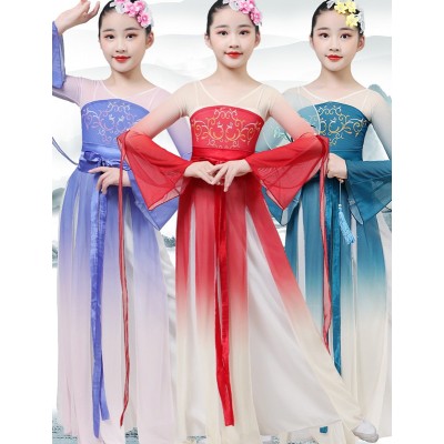 Children Girls Purple blue red gradient Chinese folk classical yangge umbrella fan dance costumes elegant  ancient style  fairy Hanfu ethnic gauze practice  clothes for kids 