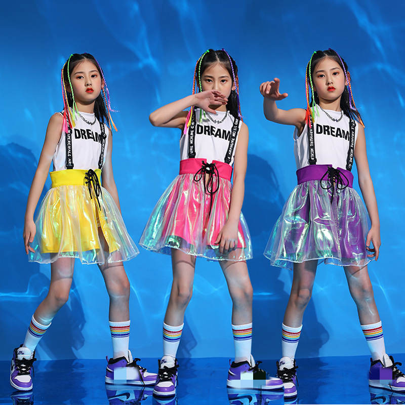 Girls boys green cheerleader uniforms jazz dance costumes for children rapper  hip hop street dance outfits dance dress for kids