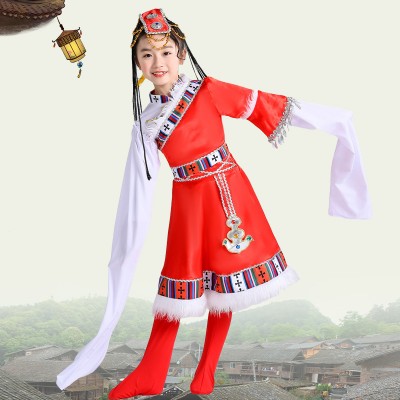 Children Girls Red Chinese folk dance dress Mongolian Tibetan Water Sleeve Dance costumes  Tibetan stage Performance Ethnic Minority Dance Costume