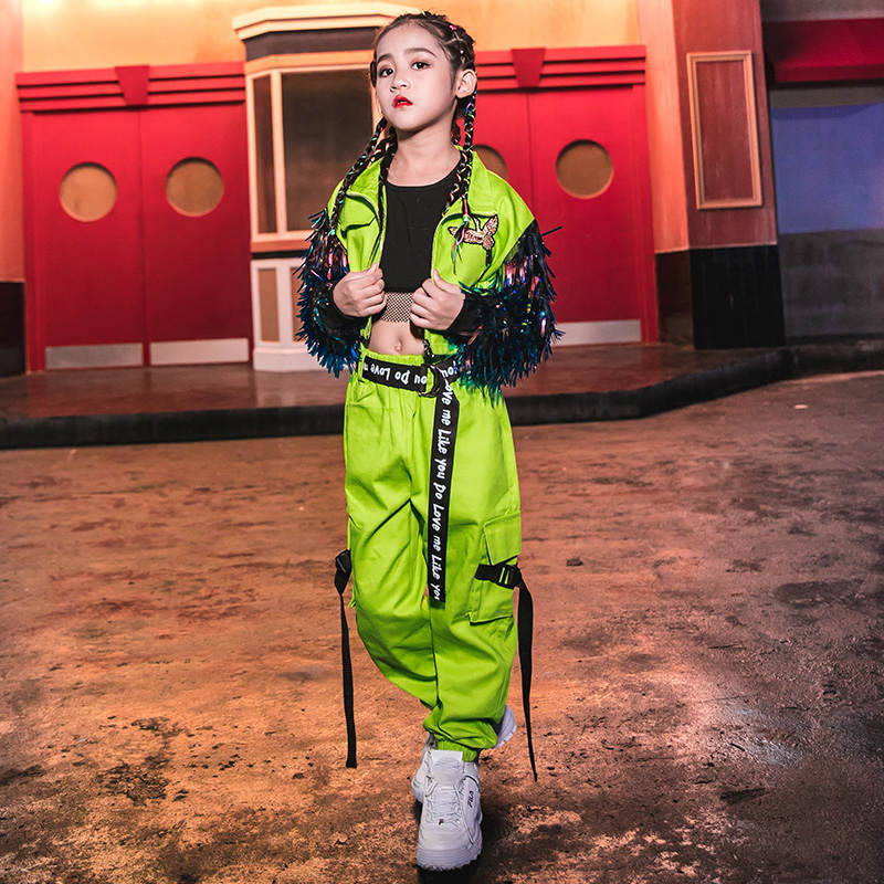 Children Girls singers rapper jazz dance costumes fluorescent  green rainbow paillette dance outfits girl hip-hop solo model show performance costumes for kids