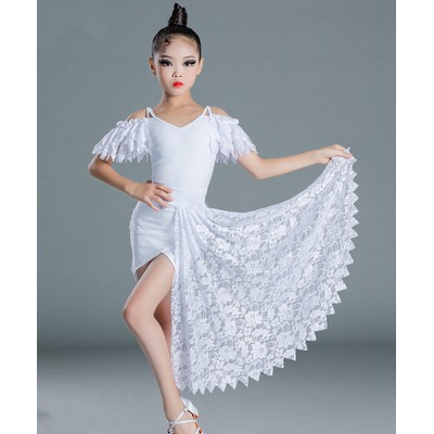 Children Girls white lace latin dance dresses fairy lace  model show clothes girls latin dance costumes children latin practice clothes