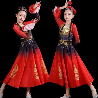 Children girls Xinjiang dance dresses for kids red purple gradient color ethnic minorities Uighurs dance costumes for kids