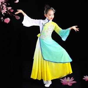 Children girls Yellow orange green gradient chinese folk classical dance costumes fairy hanfu Fan umbrella Yangko dance performance costumes for kids