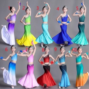 Children Girs Green Blue Pink Purple Peacock Dai dance Dresses Girls peacock dance package hip fishtail Mermaid skirt Ethnic test practice Outfits for Kids