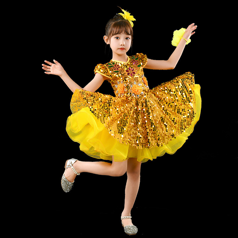 Children Gold sequined jazz dance costumes pettiskirt Sequin princess performance dress  Kindergarten chorus performance clothes for girl