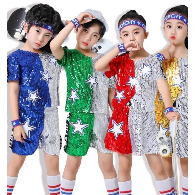 Children gold silver red green sequins cheerleading performance uniforms for Boys Girls hip-hop street rapper singers jazz dance costumes Modern dance outfits for kids