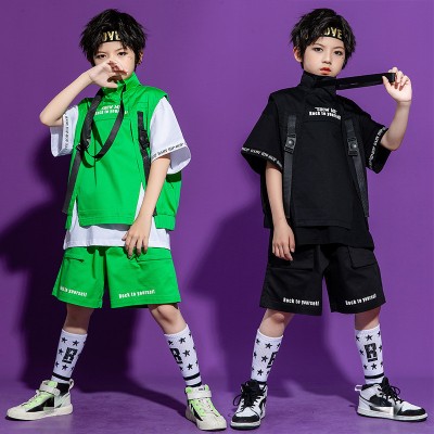 Children green black jazz rapper singers hip hop dance outfits dance suit school Children jazz  street dance costumes