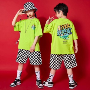 Children green with white plaid hiphop rapper singer jazz dance costumes street dance outfits model catwalk trendy clothes short-sleeved street dance clothes 