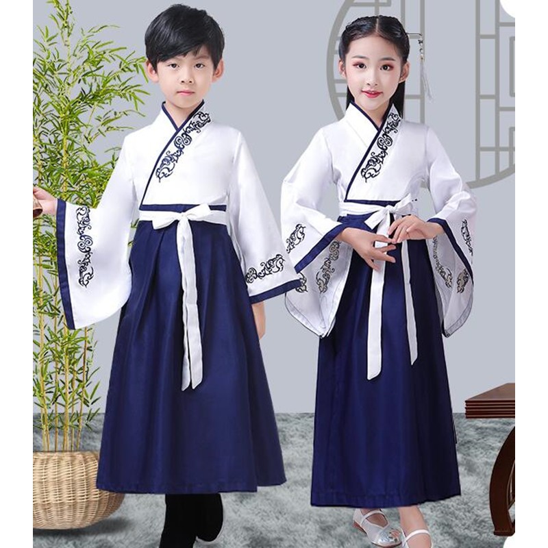 Children hanfu chinese folk dance costumes school boy girls competition stage performance princess kimono dresses