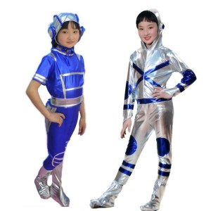 Children jazz modern dance costumes boys girls  silver royal blue robot dance astronaut space show cosplay dance costumes outfits