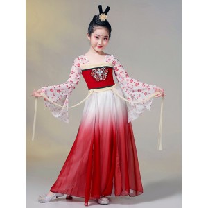 Children kids Chinese folk classical dance costume red flowers fairy hanfu ancient  empress cosplay performance dresses for girls