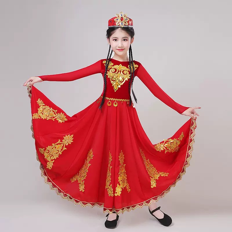 Children Kids Chinese  Xinjiang dance Dresses Girls Ethnic Minority Uyghur dance costume minority suit for Girls