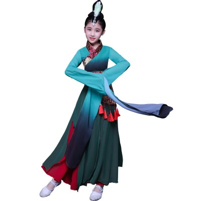Children kids dark green water-sleeved chinese folk dance dress Caiwei fairy dance clothes Hanfu Chinese wind flowing performance clothing for girls