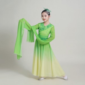 Children kids Green gradient colored waterfall sleeves chinese traditional folk dance costume Jinghong fairy classical fan umbrella dance dresses for girls 