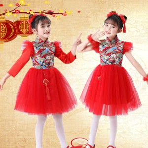 Children kids New Year's Day Tang suit cheongsam performance clothes festive open door red choir qipao chinese princess puffy skirts for girls