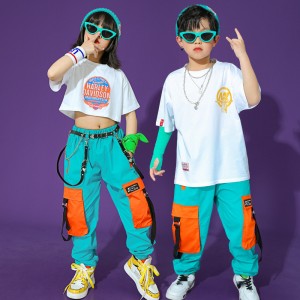 Children kids white orange turquoise rapper street jazz dance hip-hop dance costumes for boy girls street dance outfits model show T stage shows clothing