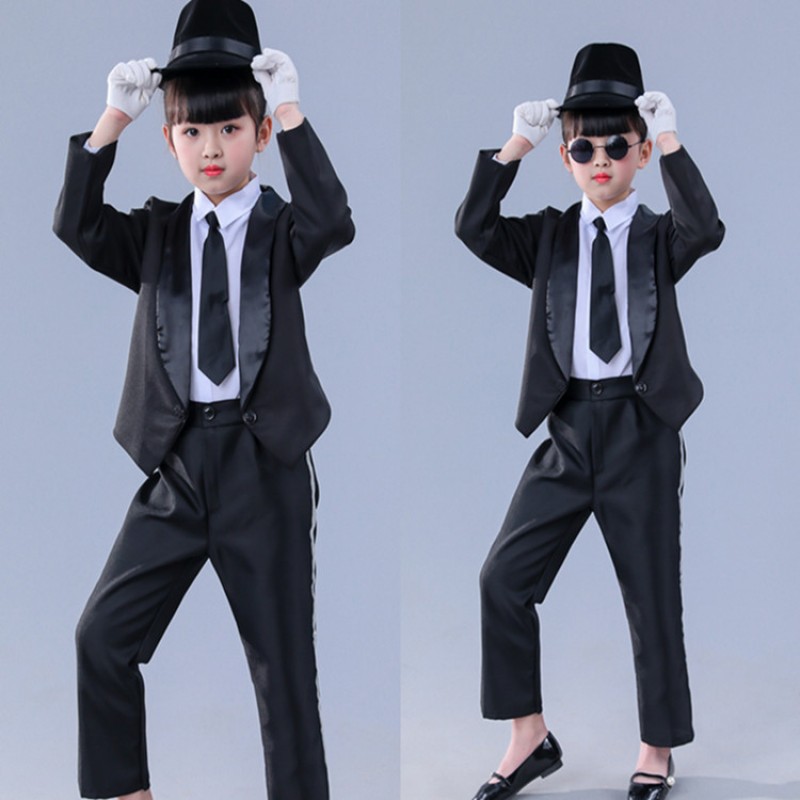 Children modern street dance stage performance jazz dance outfits boys girls school black colored group dancers hiphop dancing costumes
