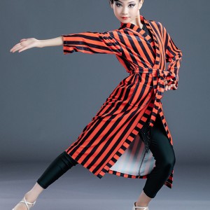 Children orange black striped  latin dance coat grading competition gown Girls black professional ballroom racing out cardigan lace-up jacket