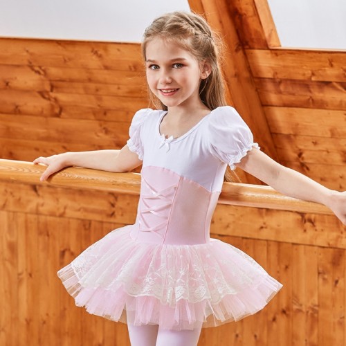 Children pink blue ballet dance dresses tutu skirts Cotton short-sleeved ballet dance suit Children's dance practice clothes Lace tutu