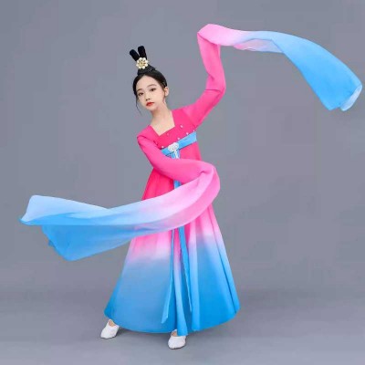 Children pink blue gradient water sleeves chinese classical folk dance dresses for kids  traditional dance costumes fairy hanfu caiwei dance  swing skirt for girls