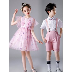 Children pink colored Jazz dance chorus dresses Student girls pettiskirt flower girls princess performance clothes boy host singers outfits