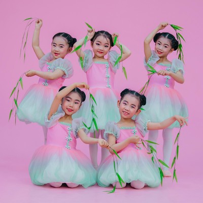 Children Pink with green gradient ballet dance jazz dance dresses tutu skirts girl gauze skirt modern jazz dance costume toddler performance dress