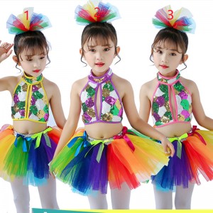 Children Rainbow sequined  fluffy skirts girls princess ballet dance dress kindergarten pupils modern dance performance costume