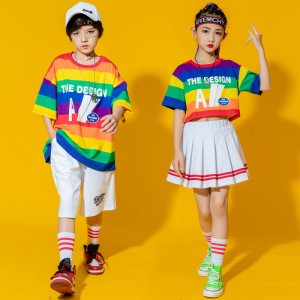Children Rainbow striped hiphop jazz dance costumes cheerleading school outfits for girls boys rapper singers street hip hop dance model show tide clothes for kids