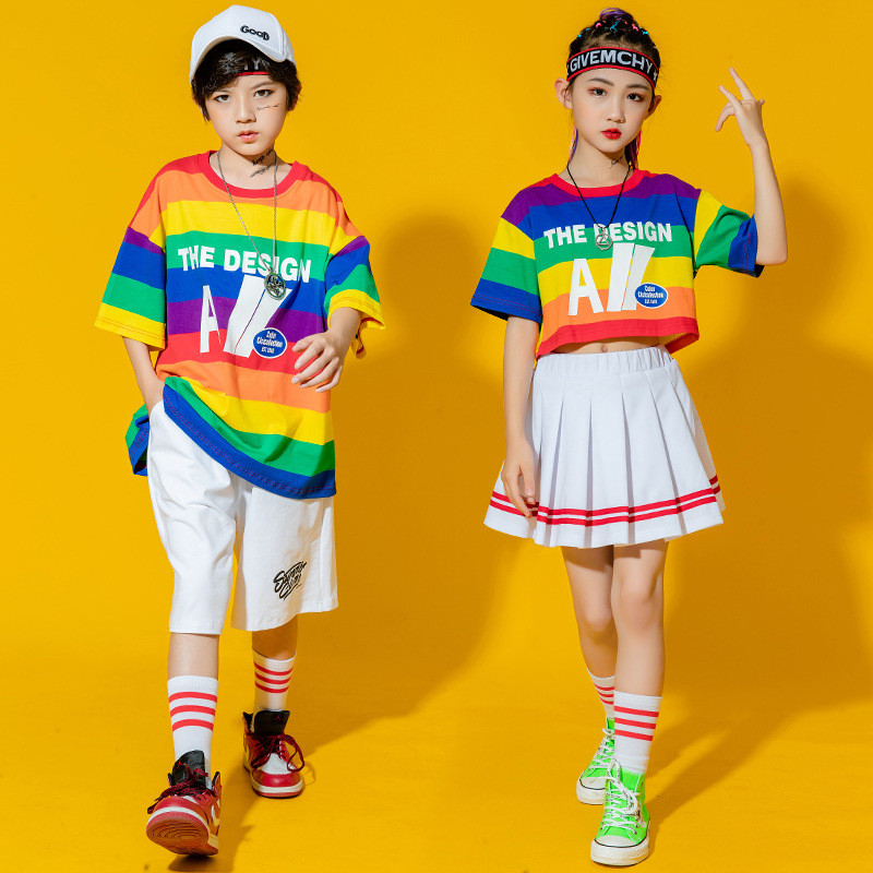 Children Rainbow striped hiphop jazz dance costumes cheerleading school outfits for girls boys rapper singers street hip hop dance model show tide clothes for kids Children Rainbow striped hiphop jazz dance costumes cheerleading school outfits for girls boys rapper singers street hip hop dance model show tide clothes for kids