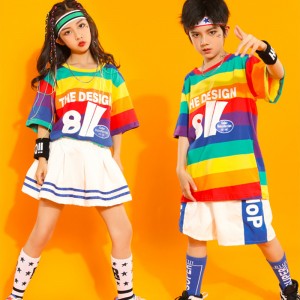 Children rainbow striped jazz hiphop dance costumes for boys girls modern dance rapper singer Gogo dancers model show hip hop street dance outfits for kids