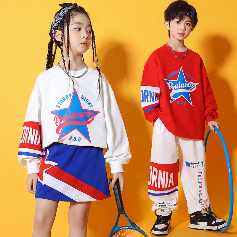 Children red blue boys girls rapper jazz hip hop dance outfits gogo dancers  cheerleading dance costumes pupil games opening ceremony Aerobics