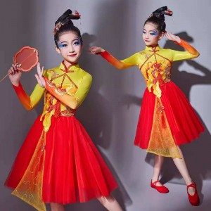 Children red chinese dragon folk dance dresses for girls kids druming Allegro costumes opening dance choir skirts for Girls modern dance dress