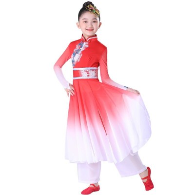 Children Red gradient colored kids traditional chinese folk dance costumes fan umbrella classical dance dresses yangko dance dresses