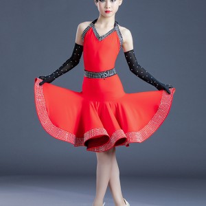 Children Red Latin dance costumes girls latin dance dresses red diamond-studded competition latin dance costume