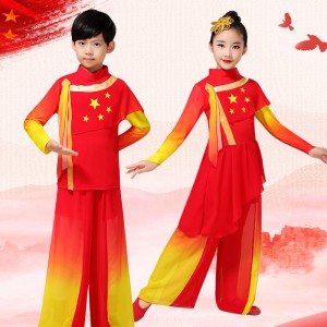 Children red with gold Chinese folk dance Costume Wushu drum performance clothes for boys girls singing the motherland recitation performance costumes