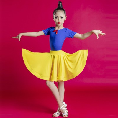Children Royal blue with yellow princess Latin dance dresses stage performance ballroom latin dance skirts grade test competition performance outfits for girls