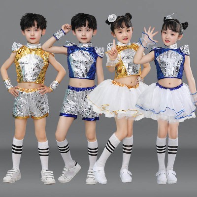 children School jazz dance chorus costumes royal blue silver white sequined tutu skirt for Girls modern paillette Cheerleader Kindergarten Performance outfits