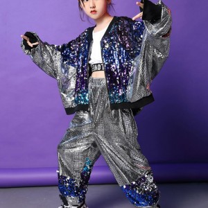 Children sequin jazz street dance hiphop dance costumes drummer  singers dancers stage performance model show competition jacket and pants