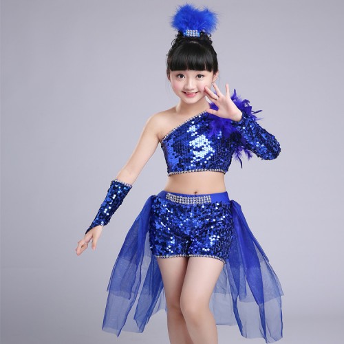 Children Sequined Feather royal blue red Modern Jazz Dance Costumes For Girls  Dress Competition Hip Hop Dance Costumes Kids- Material: polyester Content  : Only top and shorts