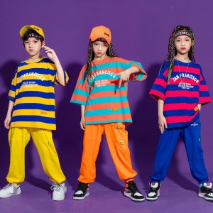 Children Singer rapper Hip hop street jazz dance outfits short sleeve stripe hip-hop tide girls jazz dance under the students loose costumes