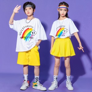 Children singer rapper rainbow yellow  hip hop street jazz dance costumes girls cheerleading chorus Cheerleaders performance uniforms for kids