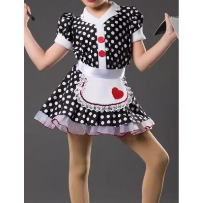 Children Toddlers jazz dance costumes film drama Waiter cosplay wear for kids girls Christmas New Year's Day black white polka dot skirt toddler stage play outfits for kids
