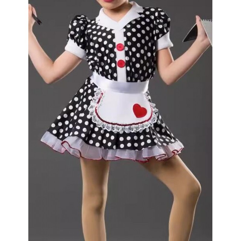 Children Toddlers jazz dance costumes film drama Waiter cosplay wear for kids girls Christmas New Year's Day black white polka dot skirt toddler stage play outfits for kids