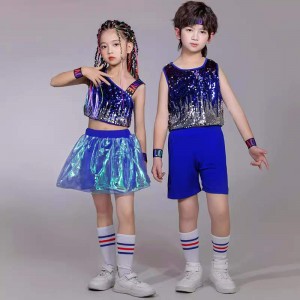 Children Toddlers royal blue squins jazz dance costumes boys girls shcool choir cheerleaders uniforms Sports rugby hip-hop dance outfits for kids